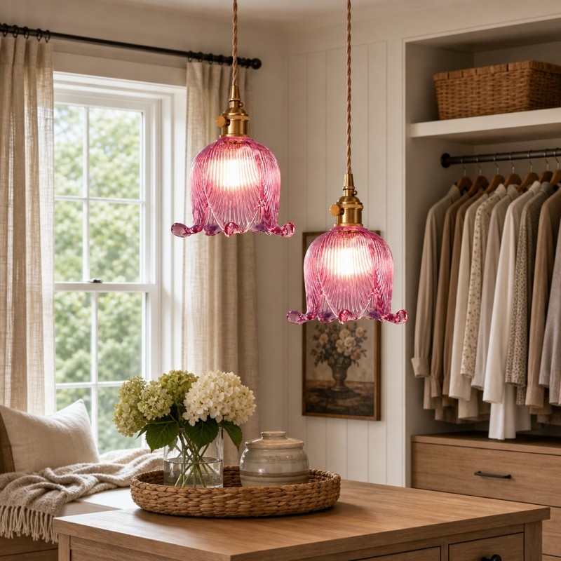 Fawen Retro Floral  Ribbed Glass Shade Pendant Light