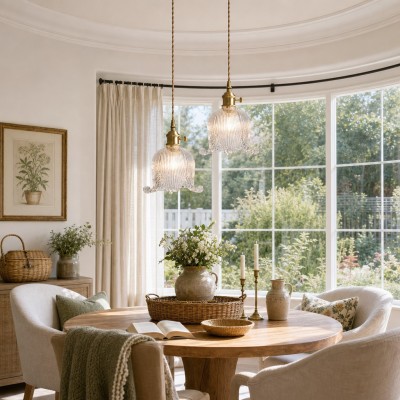 Fawen Retro Floral  Ribbed Glass Shade Pendant Light