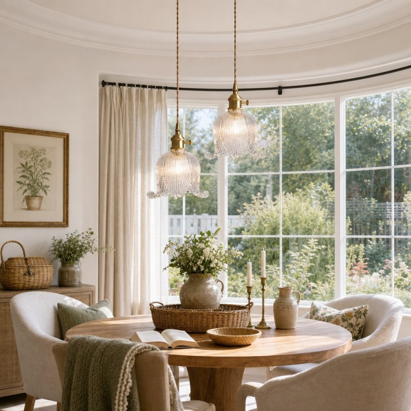 Fawen Retro Floral  Ribbed Glass Shade Pendant Light