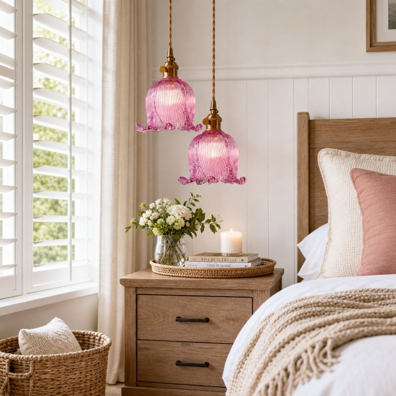Fawen Retro Floral  Ribbed Glass Shade Pendant Light