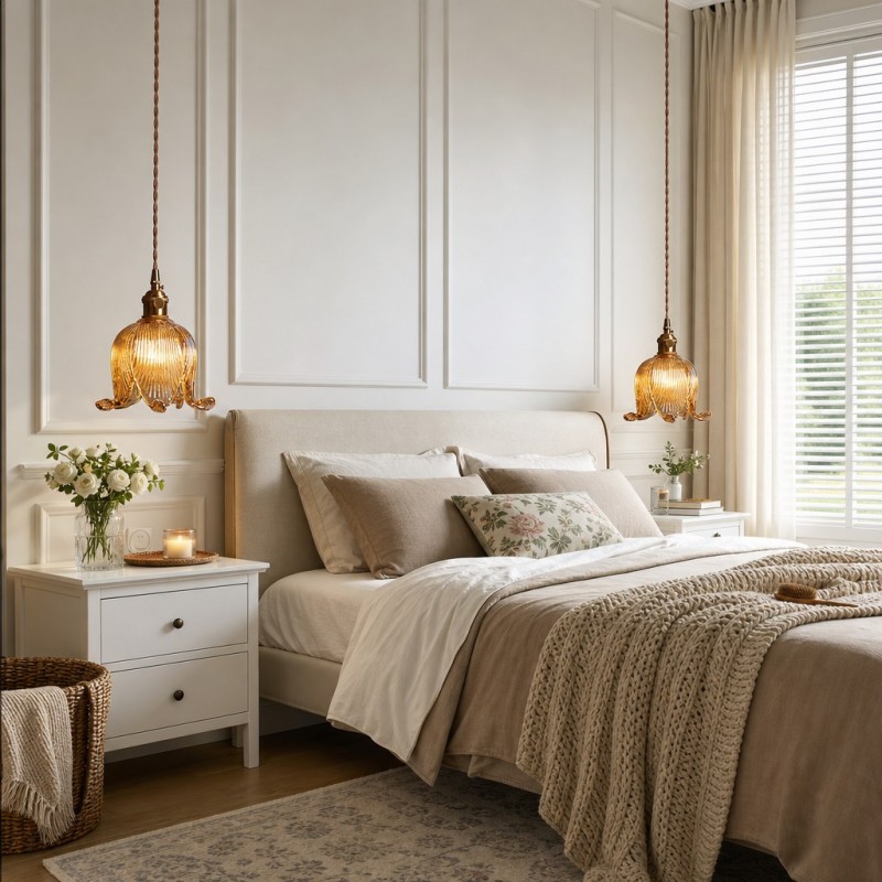 Fawen Retro Floral  Ribbed Glass Shade Pendant Light