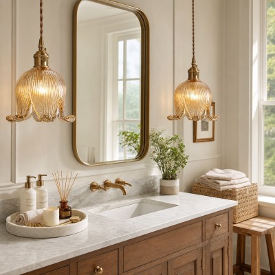 Fawen Retro Floral  Ribbed Glass Shade Pendant Light