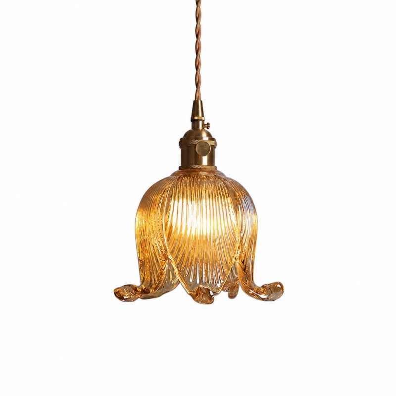 Fawen Retro Floral  Ribbed Glass Shade Pendant Light