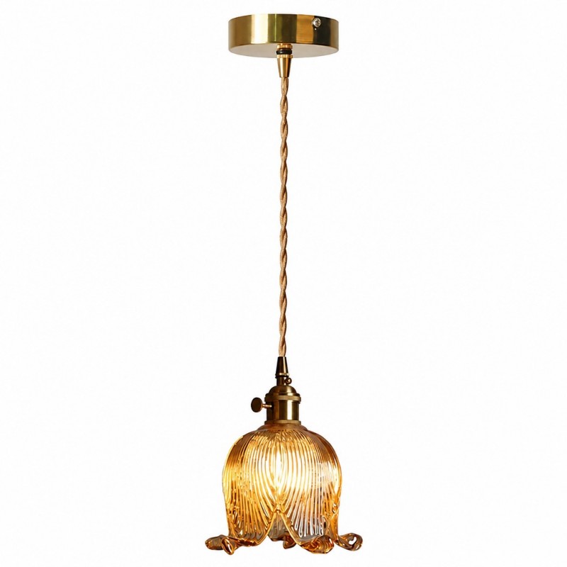 Fawen Retro Floral  Ribbed Glass Shade Pendant Light