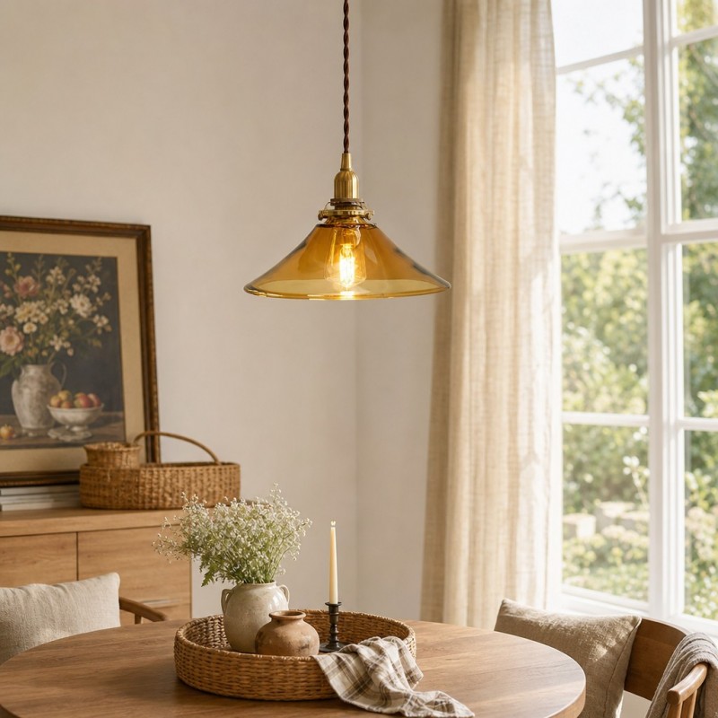 Vythar Retro Brass Cone Amber Glass Pendant Light