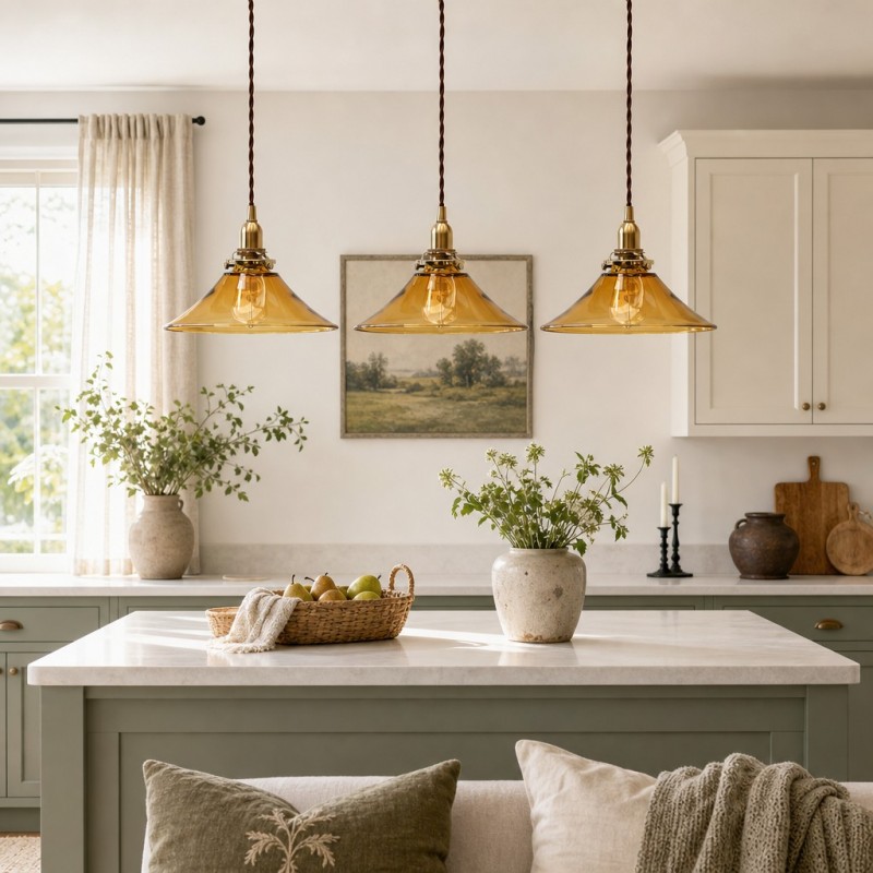 Vythar Retro Brass Cone Amber Glass Pendant Light