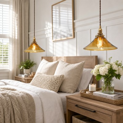 Vythar Retro Brass Cone Amber Glass Pendant Light