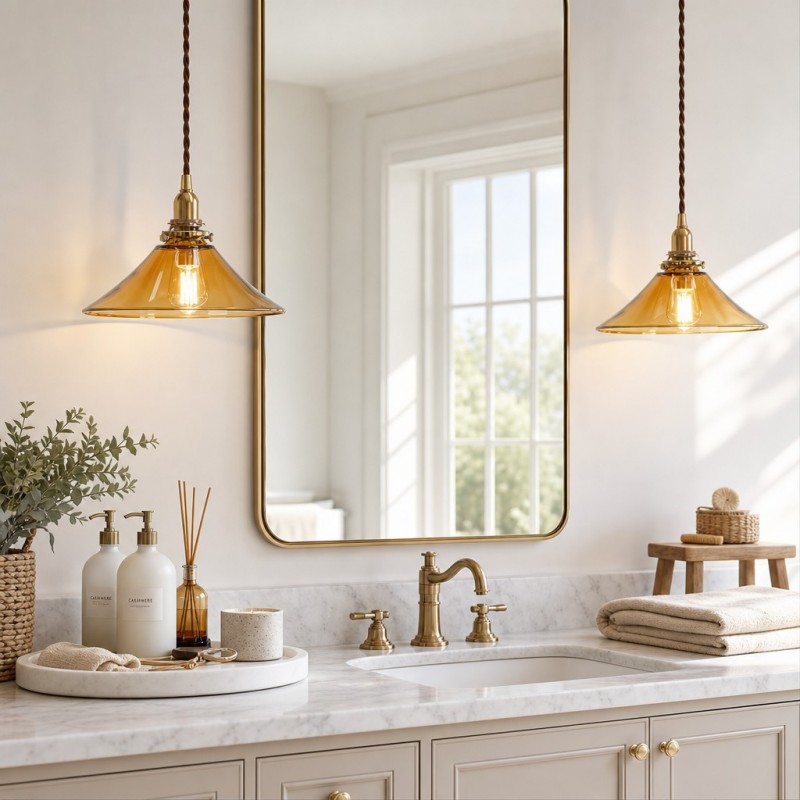 Vythar Retro Brass Cone Amber Glass Pendant Light