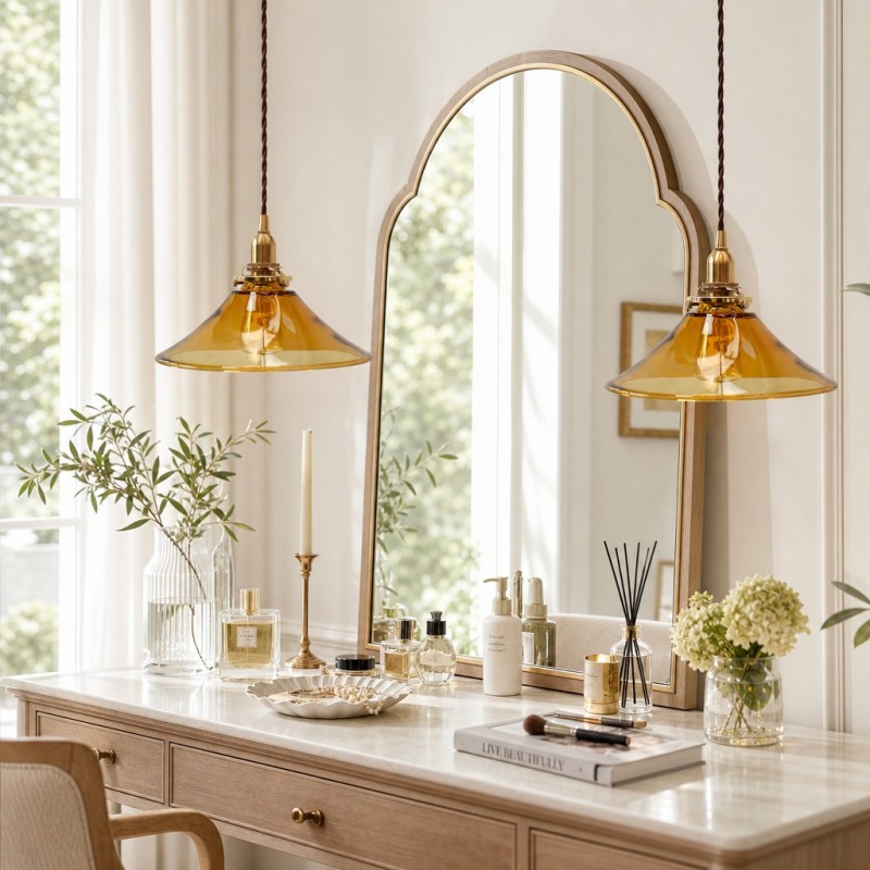 Vythar Retro Brass Cone Amber Glass Pendant Light