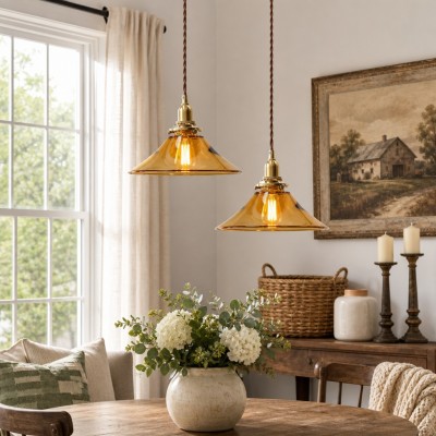 Vythar Retro Brass Cone Amber Glass Pendant Light