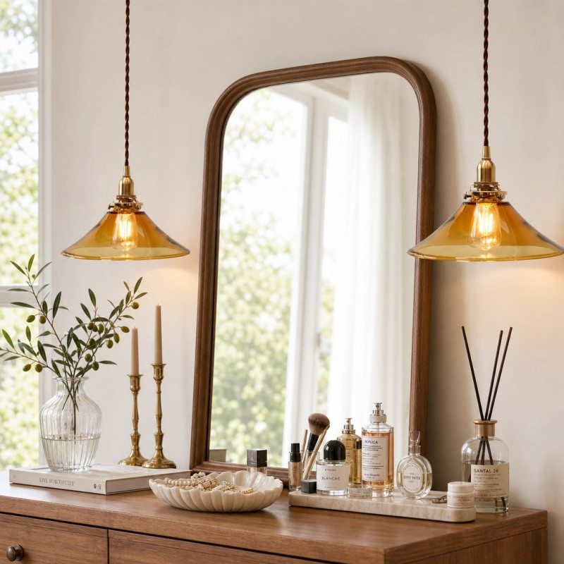 Vythar Retro Brass Cone Amber Glass Pendant Light