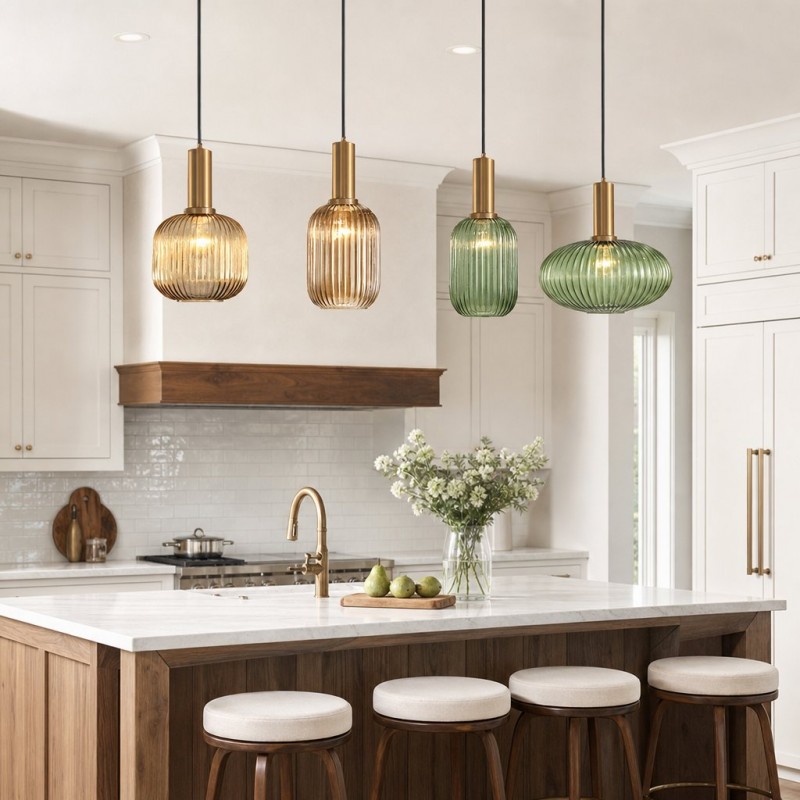 Zarek Lantern Shape Vertical Striped Stained Glass Pendant Light
