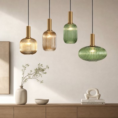 Zarek Lantern Shape Vertical Striped Stained Glass Pendant Light