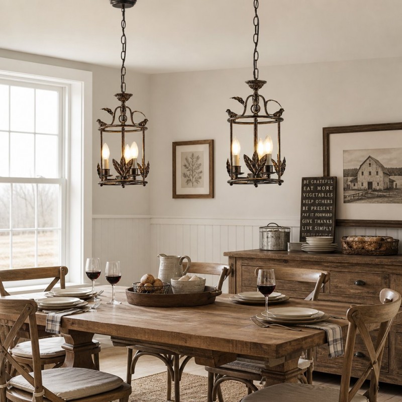 Bailee Vintage Leaf & Bird 3-Light Cage Pendant Light