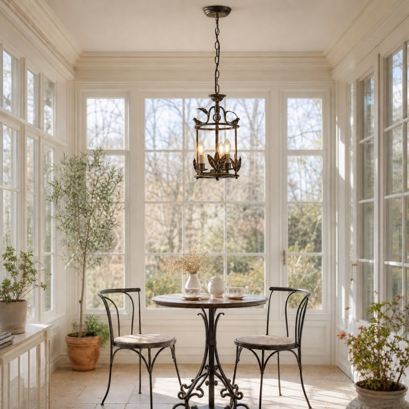 Bailee Vintage Leaf & Bird 3-Light Cage Pendant Light