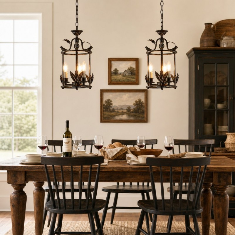 Bailee Vintage Leaf & Bird 3-Light Cage Pendant Light