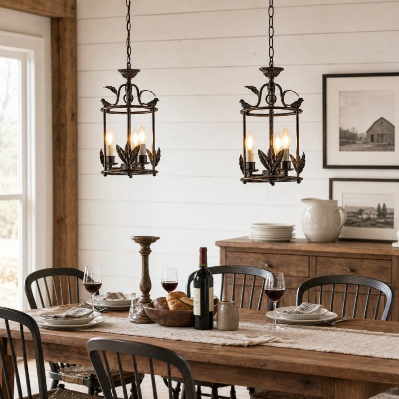 Bailee Vintage Leaf & Bird 3-Light Cage Pendant Light
