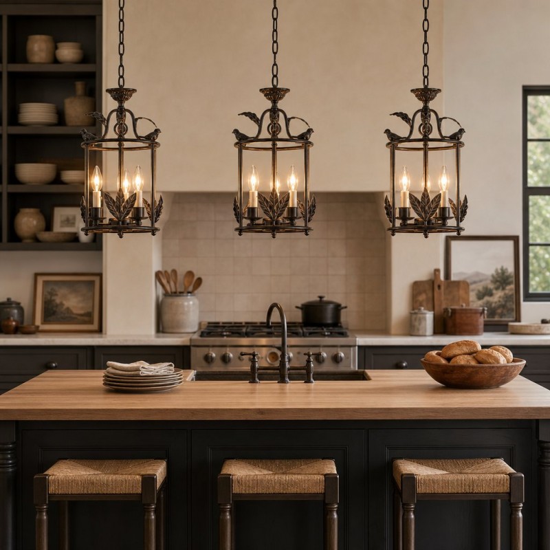 Bailee Vintage Leaf & Bird 3-Light Cage Pendant Light