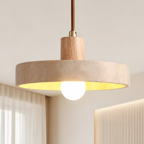Harlow Wabi-Sabi Travertine & Wood Circular Pendant Light