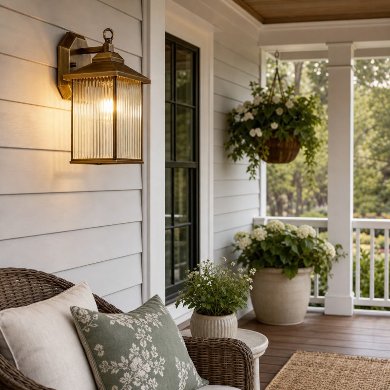 Reid Farmhouse Outdoor Brass Lantern Patio Wall Light