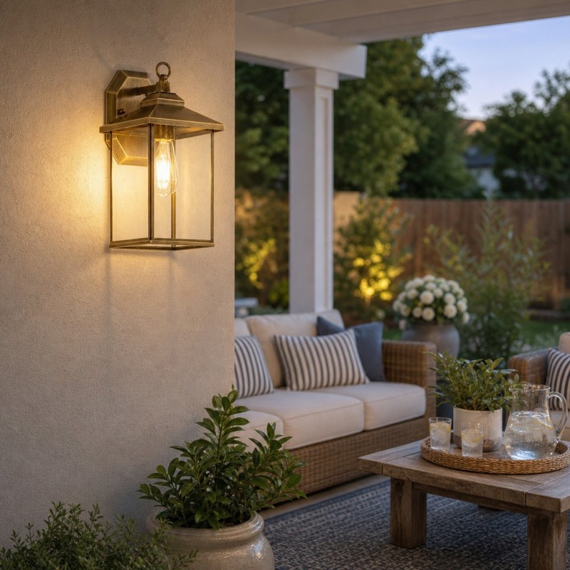 Reid Farmhouse Outdoor Brass Lantern Patio Wall Light