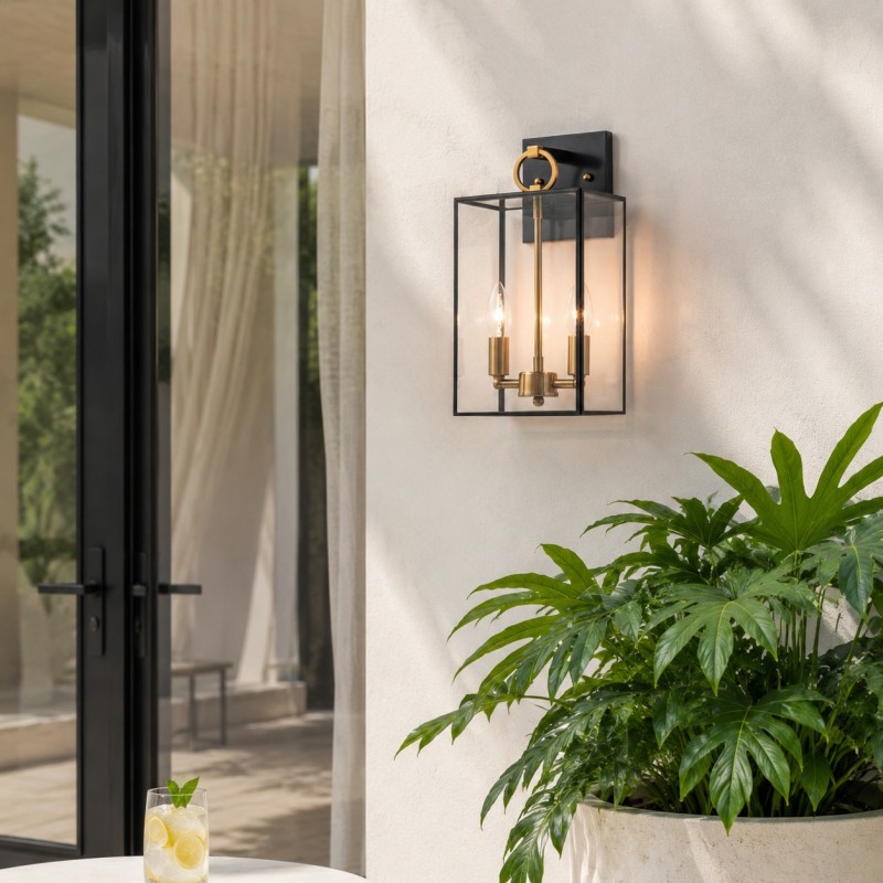 Lindsay Farmhouse Black And Brass Outdoor Lantern Wall Light