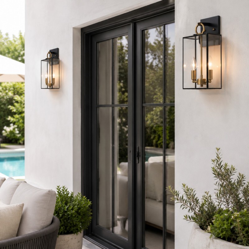 Lindsay Farmhouse Black And Brass Outdoor Lantern Wall Light