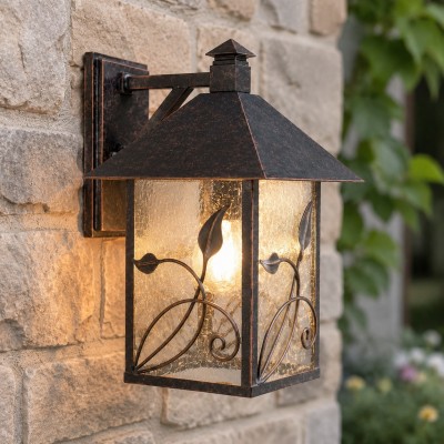 Bliss French Rustic Iron Lantern Seedy Glass Sconce