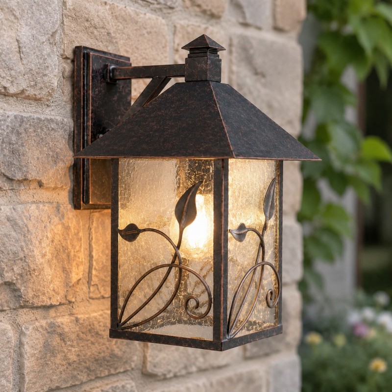 Bliss French Rustic Iron Lantern Seedy Glass Sconce