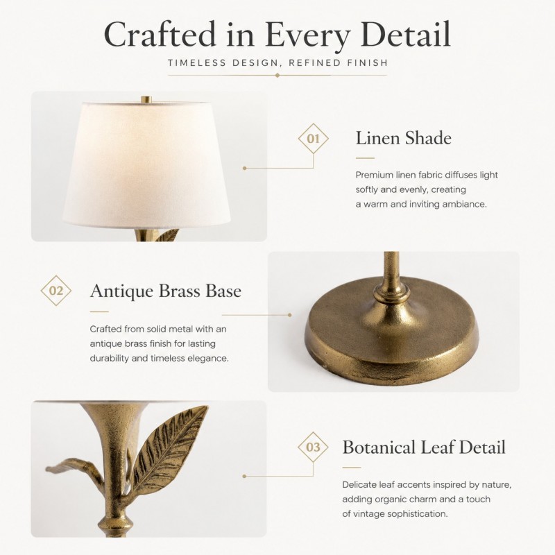 Huxley Rustic Antique Brass Botanical Forged Iron Table Light
