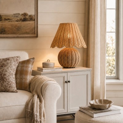 Caelyn Bohemian Natural Rattan Dome Table Lamp