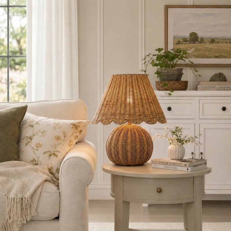 Caelyn Bohemian Natural Rattan Dome Table Lamp