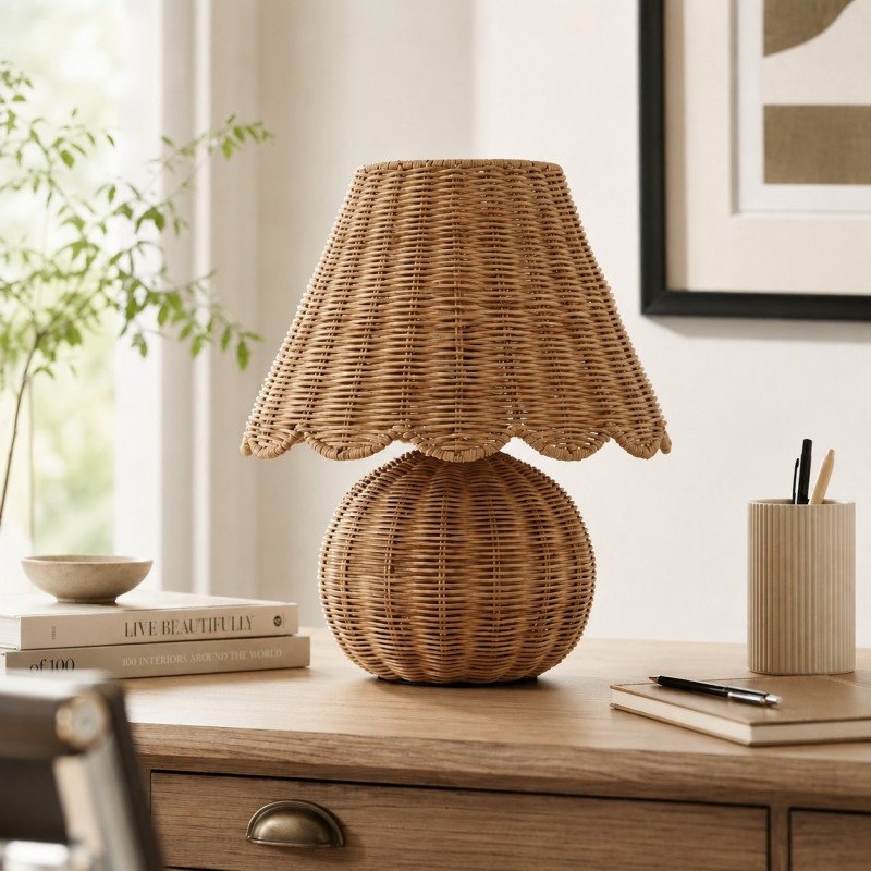 Caelyn Bohemian Natural Rattan Dome Table Lamp