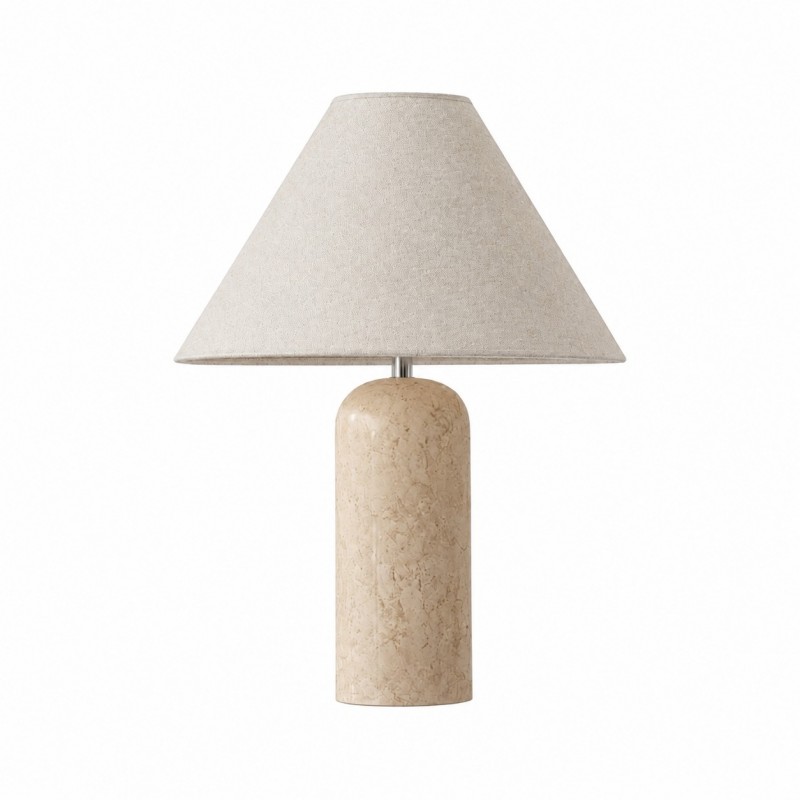 Hamlin Modern Linen & Travertine Cylindrical Table Lamp