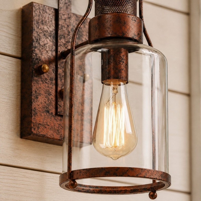 Bureau Industrial Antique Iron Glass Jar Wall Sconce
