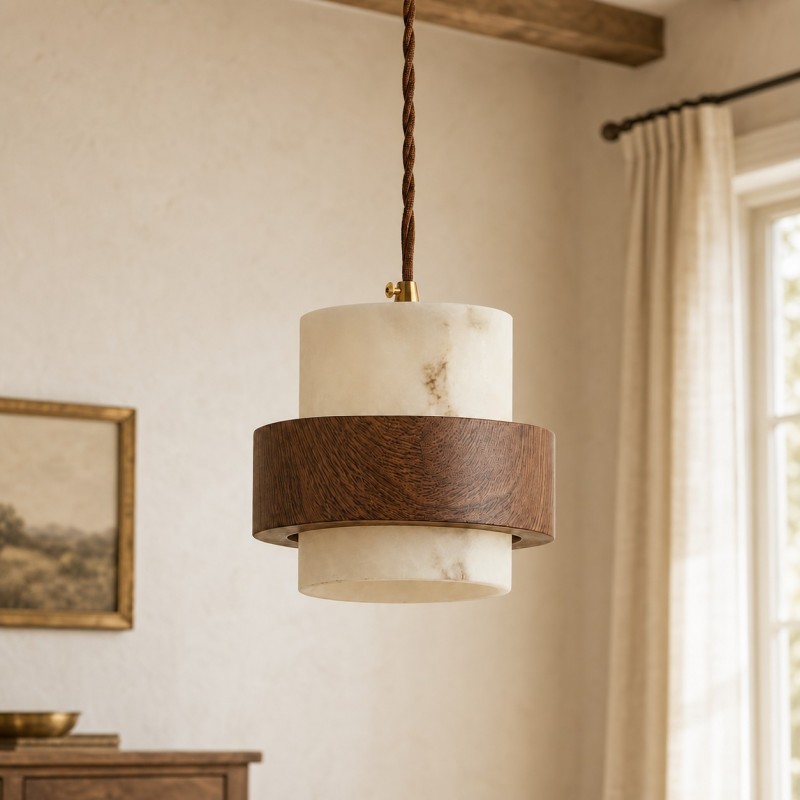 Sienna Wabi Sabi Wood and Stone Layered Pendant Light