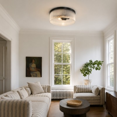 Sylan Farmhouse Round Ribbed Glass Flush Mount Ceiling Light