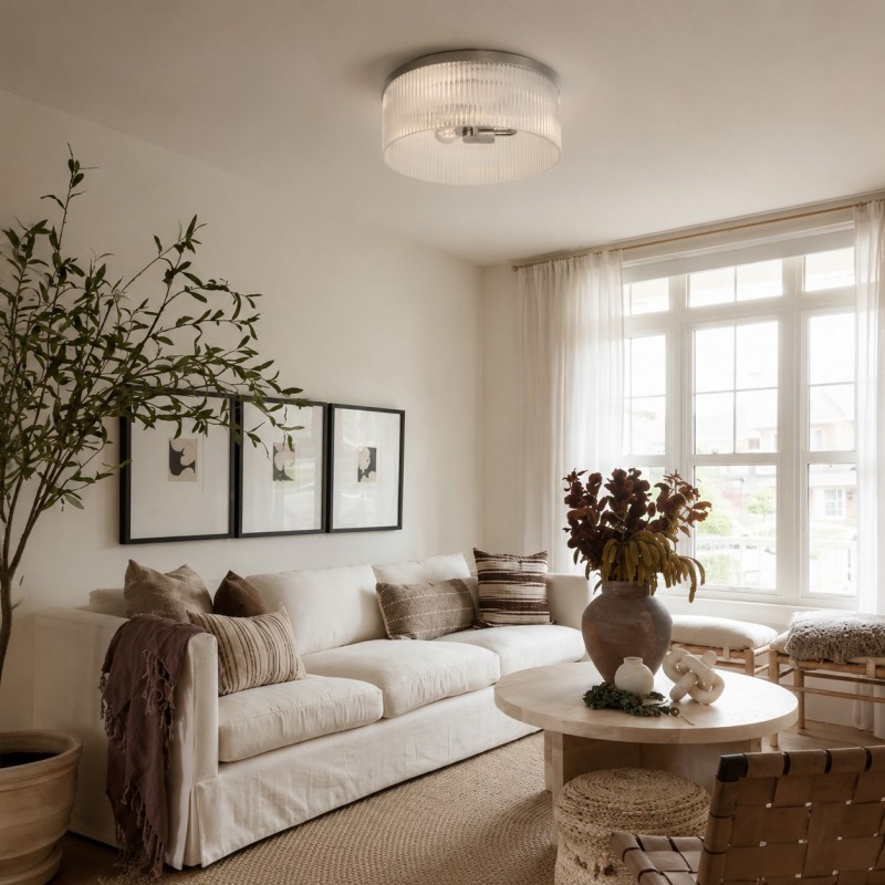 Sylan Farmhouse Round Ribbed Glass Flush Mount Ceiling Light