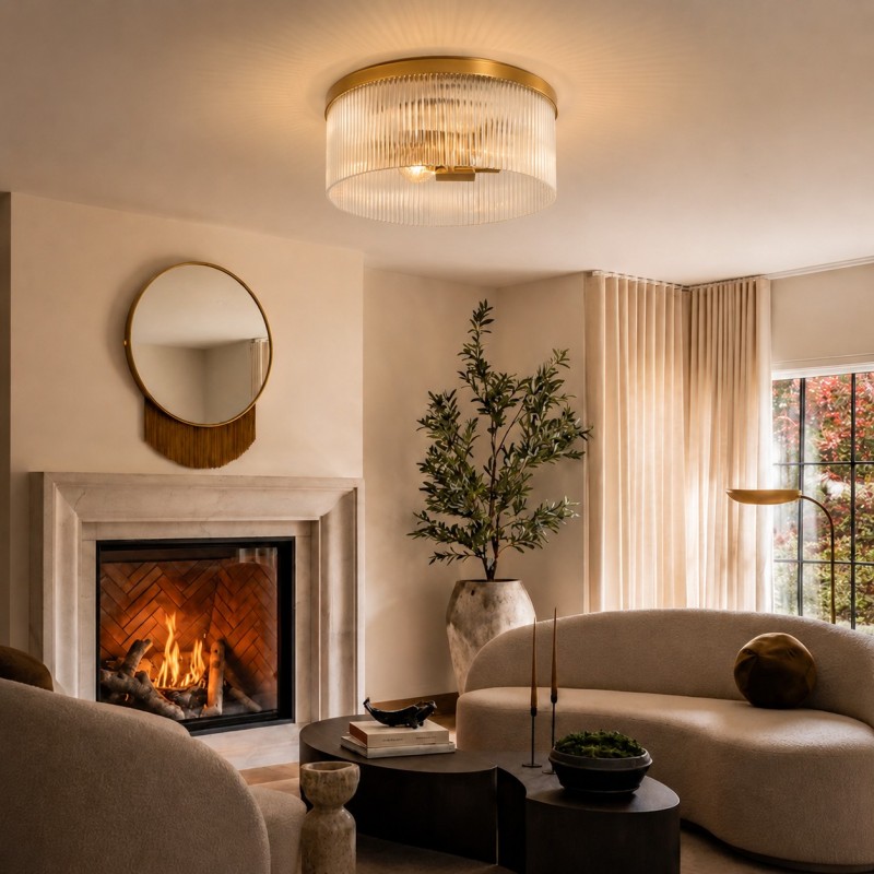 Sylan Farmhouse Round Ribbed Glass Flush Mount Ceiling Light