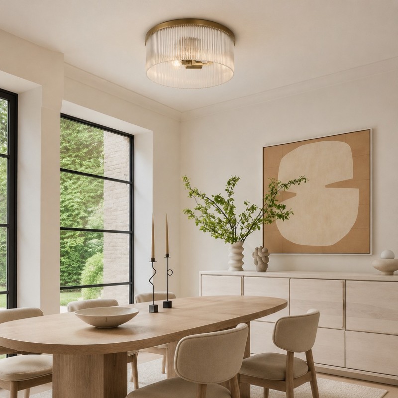 Sylan Farmhouse Round Ribbed Glass Flush Mount Ceiling Light