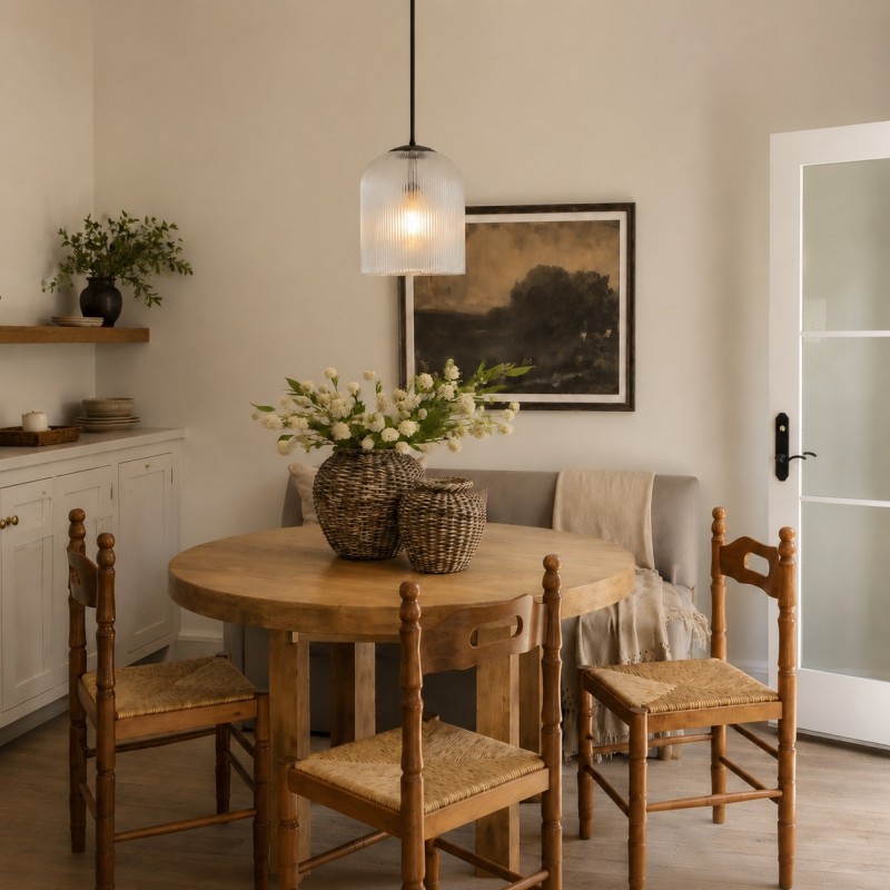Alain Farmhouse Cooper Ribbed Glass Pendant Light