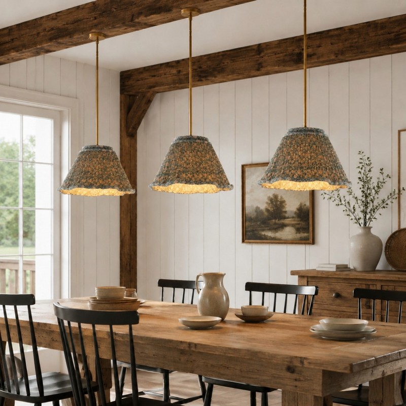 Nolan Farmhouse Vintage Floral Pleated Fabric Cone Pendant Light