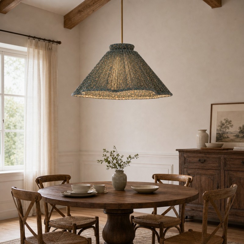 Nolan Farmhouse Vintage Floral Pleated Fabric Cone Pendant Light