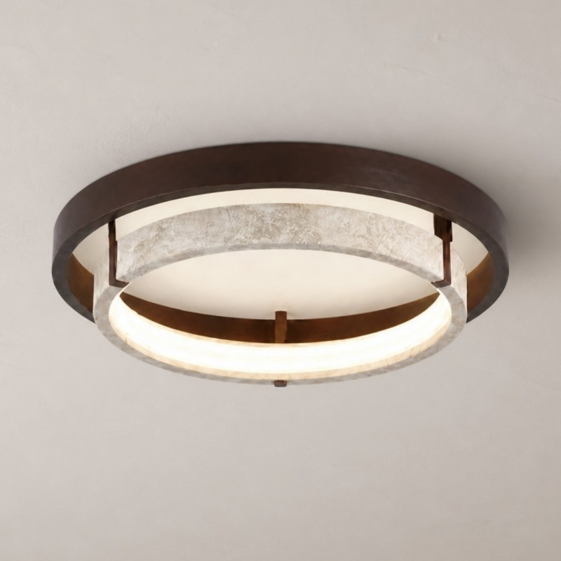 Jayce Organic Wood & Travertine Layered Round Ceiling Light