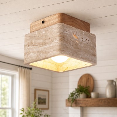 Stella Wabi Sabi Square Travertine Wood Mount Ceiling Light