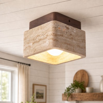 Stella Wabi Sabi Square Travertine Wood Mount Ceiling Light