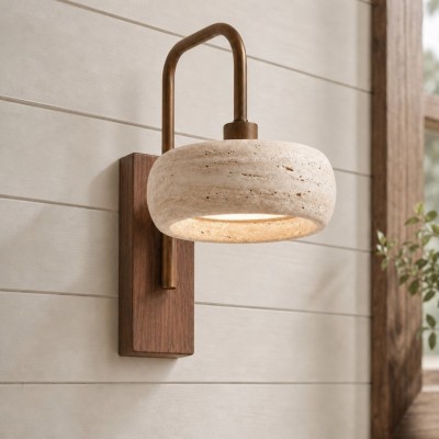 Elliot Wabi Sabi Travertine Wood Cylinder Wall Light