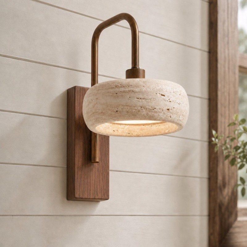Elliot Wabi Sabi Travertine Wood Cylinder Wall Light