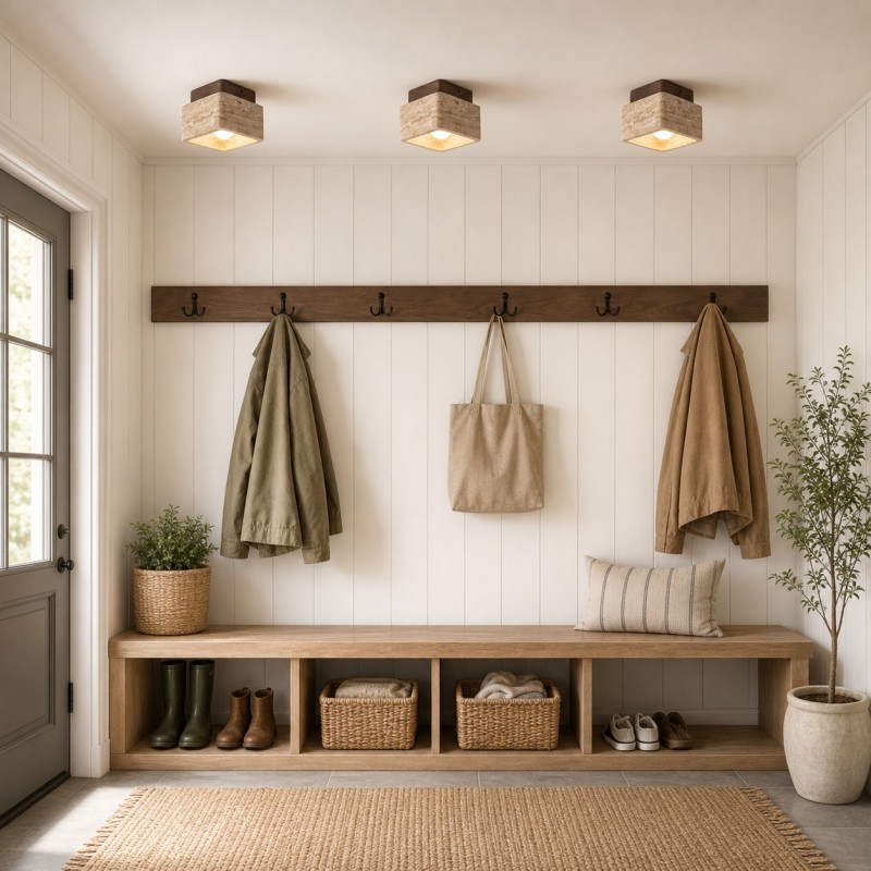 Stella Wabi Sabi Square Travertine Wood Mount Ceiling Light