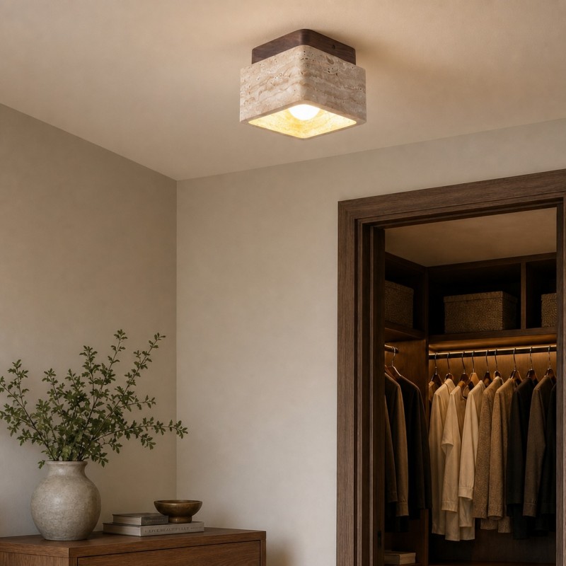 Stella Wabi Sabi Square Travertine Wood Mount Ceiling Light